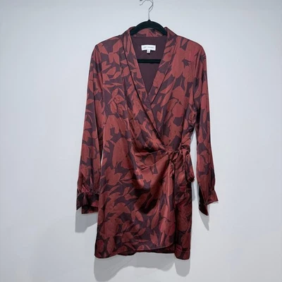 LOST & WANDER Helene Floral Long Sleeve Wrap Satin Mini Dress Brown Size L - Image 1 of 4