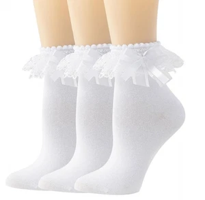Womens Lace Ruffle Frilly Ankle Socks, Ribbon Bow, Cute Vintage Dress Sock - Picture 1 of 6
