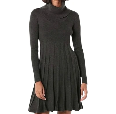 CALVIN KLEIN CK Dark Gray Sweater Knit Dress RIBBED FLARE Cowl Neck Cozy & Fun L - Image 1 of 4