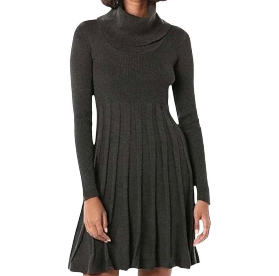 CALVIN KLEIN CK Dark Gray Sweater Knit Dress RIBBED FLARE Cowl Neck Cozy & Fun L - Image 1 of 4