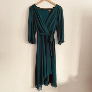 DKNY Women's Dress 10 Green Teal Chiffon Midi 3/4 Sleeve Layers Belt Fairy - Picture 1 of 18