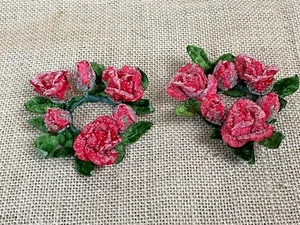 Vintage 3" Candied "Sugared" Rose Bud Candlestick Holders Rings Collars - Picture 1 of 5