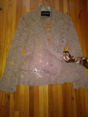 Blazer Chaqueta Monique Lhuillier Marrón Encaje Sable Cinta Talla 10 Foto 1 de 4