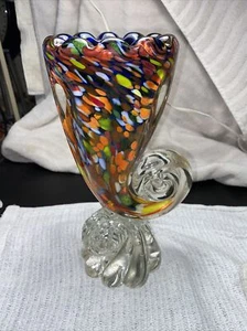VINTAGE MURANO GLASS CORNUCOPIA LARGE VASE Fratelli Toso Millefiori 9-1/2” Heavy - Picture 1 of 10