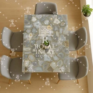 Handmade Rectangular Grey Agate Gemstone Table Top | Luxury Dining Decor - Picture 1 of 7