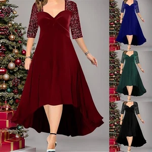 Plus Size Women Solid V Neck Velvet Formal Dress Sequins Half Sleeve Pary Dress - Picture 1 of 36