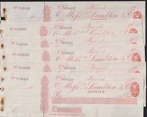 1888 Messrs LAMBTON & CO-Alnwick  unissued cheques with stubs £5- each - Picture 1 of 1