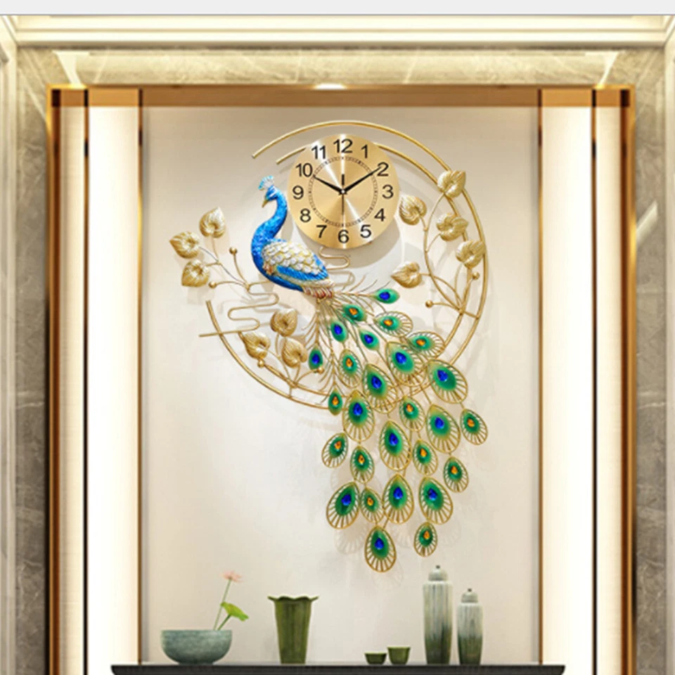 Reloj de Pared Grande 36.6" Lujo Pavo Real 3D Metal Salón Pared Reloj Decoración EE. UU. Foto 1 de 4