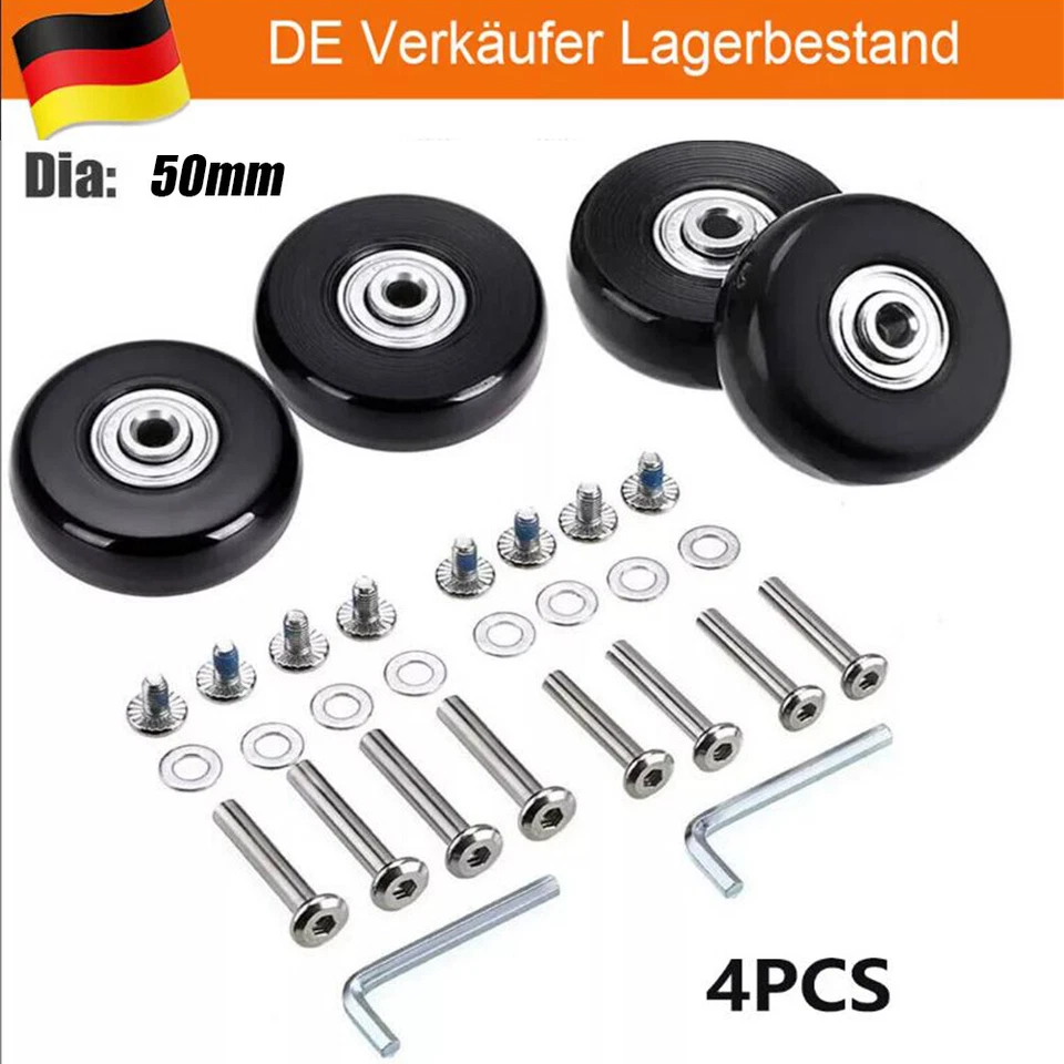 4x Gepäck Koffer Ersatz Räder Achsen 50mm Reparatur Mute Gummi Leis Rollen DE - Bild 1 von 4