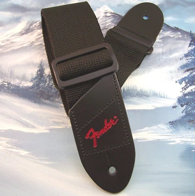 GUITAR STRAP ~ GENUINE FENDER ~ BLACK w/ RED LOGO - Image 1 of 2