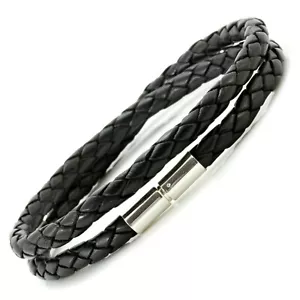 Mens Leather Bracelet-Sterling Silver clasp Black Braided Double Wrapped - Picture 1 of 6