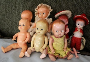 Vintage Lot of 7 Plastic Play Dolls Some Crocheted Clothes Cowboy Guns - Picture 1 of 13