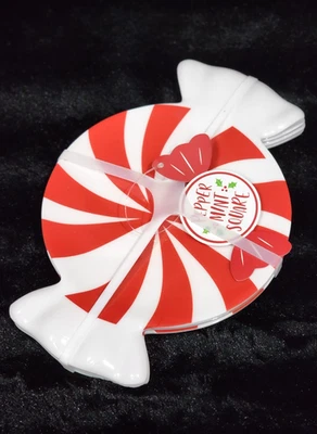 4 Red White Peppermint Candy Shaped Melamine Appetizer Plates 8.5" Christmas FUN - Image 1 of 4
