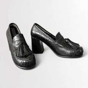 Vintage Embossed Snakeskin Leather Heeled Loafers Pumps Black US 9 EU 39 - Picture 1 of 10