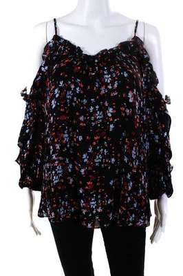 Top Parker Mujer 100% Seda Floral Hombro Frío Mangas 3/4 Negro Rojo Talla S Foto 1 de 4