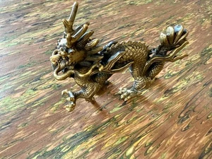 EXQUISITE BRASS BRONZE DRAGON 3 X 3 3/4" WELL MADE HEAVY - Picture 1 of 6