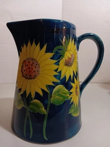 Andrea by Sadek Vintage Sunflower Pitcher Vase Hand Painted Ceramic Blue Yellow - Picture 1 of 8