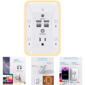 4 USB 2 USB C Protector contra sobretensiones Luz Nocturna Extensor 1050J - Imagen 1 de 8