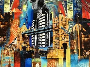 CITY OF LONDON MICHAEL MILLER ATTRACTIONS LANDMARKS UK VACATION FABRIC HY - Picture 1 of 5