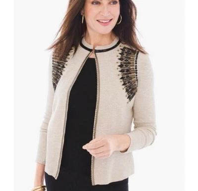 Chico's украшенный вязаный кардиган куртка кремовый бисером блестки заявление свитер M - Изображение 1 из 4