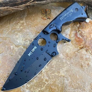 TACTICAL STEEL FIXED BLACK FINISH BLADE KNIFE WITH BLACK SMOOTH WOOD HANDLE - Picture 1 of 7