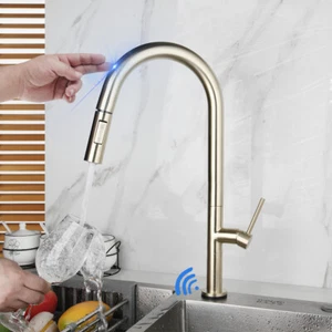Brushed Gold Tall Kitchen Sink Mixer Touch Free Hand Sensor Pull Out Faucet - Picture 1 of 11