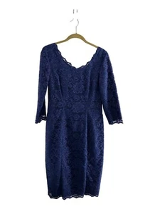 Navy Blue Lace Sheath Dress 3/4 Sleeves & V-Neckline Feminine Wedding Ruffle - Picture 1 of 6
