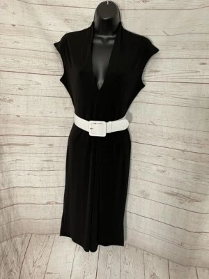 Moda International Women's Black Dress Deep V-Neck with White Belt, Size XS - Image 1 of 4