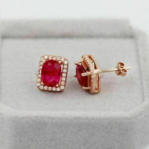3Ct Oval Cut Red Ruby Halo Women's Push Back Stud Earrings 14K Rose Gold Finish