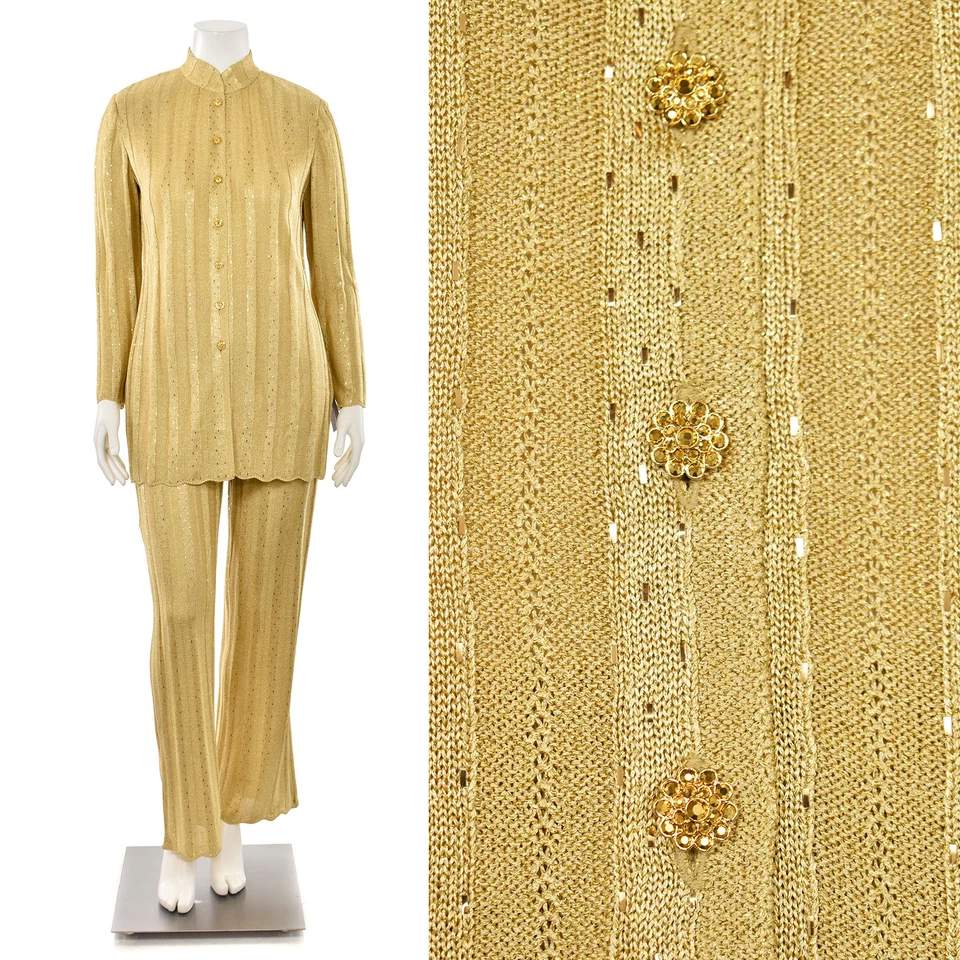 St John Couture 2Pc Gold Metallic Paillette Evening Tunic Jacket Pantsuit sz 8/6 - Image 1 of 4