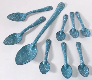 SPRENKELTE EMAILLEGESCHIRR SET 3 SERVIERLÖFFEL 6 ESSLÖFFEL hellblau Granit Camping Koch  - Bild 1 von 6