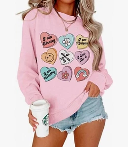 Womens Valentine's Day Sweatshirt Heart Print Inspirational Long Sleeve Shirts - Picture 1 of 3