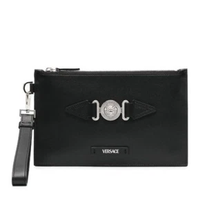 Vesace Men Medusa Black Leather Silver Biggie Clutch Pouch Small Bag NWT $775 - Picture 1 of 12