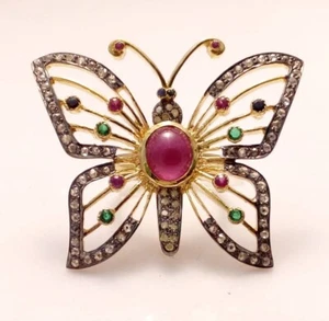 Natural Pave Diamond Ruby & Emerald  Sterling Silver Butterfly Rings Jewelry - Picture 1 of 1