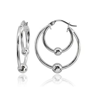 Sterling Silver High Polished Bead Double Hoop Earrings - Picture 1 of 3