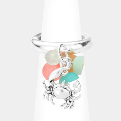 Crab Ring Sea Glass Dangle Charms Stretch Band SILVER MULTI Sea Life Jewelry - Image 1 of 2