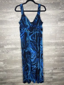 Bisou Bisou Blue Artsy Swirl Stone Beaded Waist Maxi Dress Size 12 Padded Bra - Picture 1 of 22