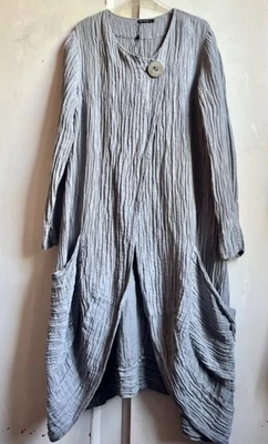 ✫New! *GRIZAS* Textured Silve rGrey Silk Linen Pockets Kimono Long Jacket Coat L - Image 1 of 4