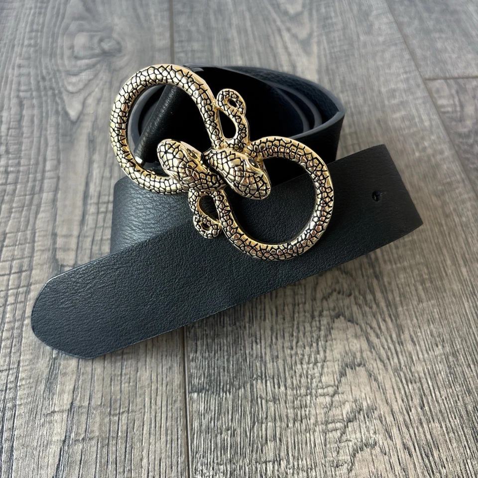 Express Black faux leather belt with gold double snake belt buckle Fits 36 - 42 - Image 1 of 4