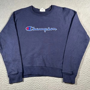 Vintage Champion Reverse Weave Sweatshirt Women Small Navy Blue Spell Out Logo - Picture 1 of 10