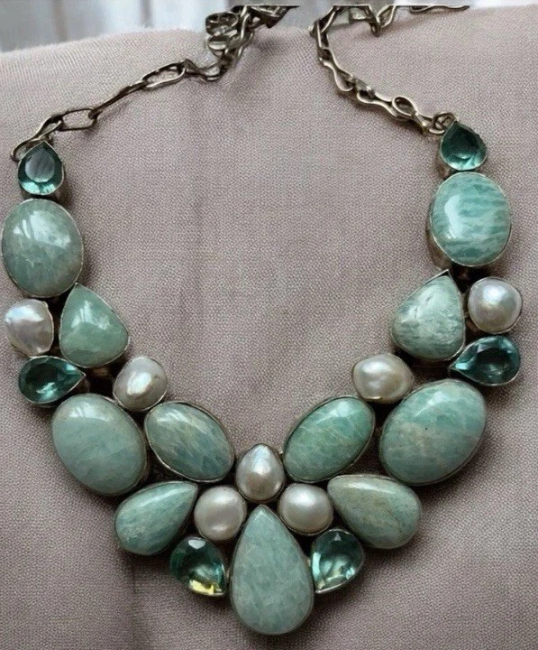 Collar pesado vintage hecho a mano de larimar dominicano y perlas de plata de ley   Foto 1 de 4