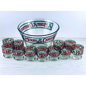 Vintage Merry Christmas Punch Bowl Set with 11 Glasses Holiday Glassware - Picture 1 of 13