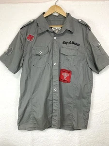 Epic Hero Mens Grey Button Up Shirt Embroidered Patches Size L Rare Saints - Picture 1 of 12