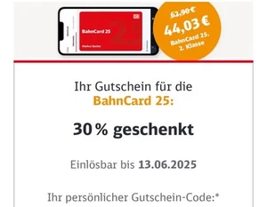 BahnCard 25 Deutsche Bahn 30% Rabatt Gutschein - Bild 1 von 1