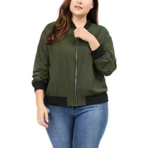 Unique Bargains Women's Plus Size Zipper Trim Outerwear Bomber Jacket Green 2X - Picture 1 of 6