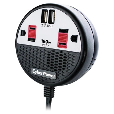 Cyber Power 160W POWER INVERTER | 12V DC to 120V x2 AC OUTLETS x2 2.4A USB-A 4ft - Image 1 of 4