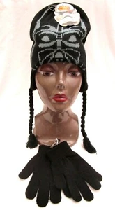 Halloween Kid's Black Darth Vader Face Knitted Laplander Beanie+Black Gloves-New - Picture 1 of 4