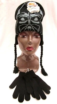 Halloween Kid's Black Darth Vader Face Knitted Laplander Beanie+Black Gloves-New - Image 1 of 4