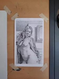 Original 9x6 Inch Vintage Style Pencil Drawing Of Nude Woman - Picture 1 of 3
