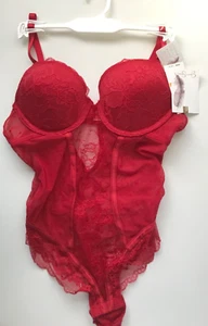 Jessica Simpson Solid Red Lace Teddy Bodysuit Sexy NWT Small Snap Crotch JS35741 - Picture 1 of 8